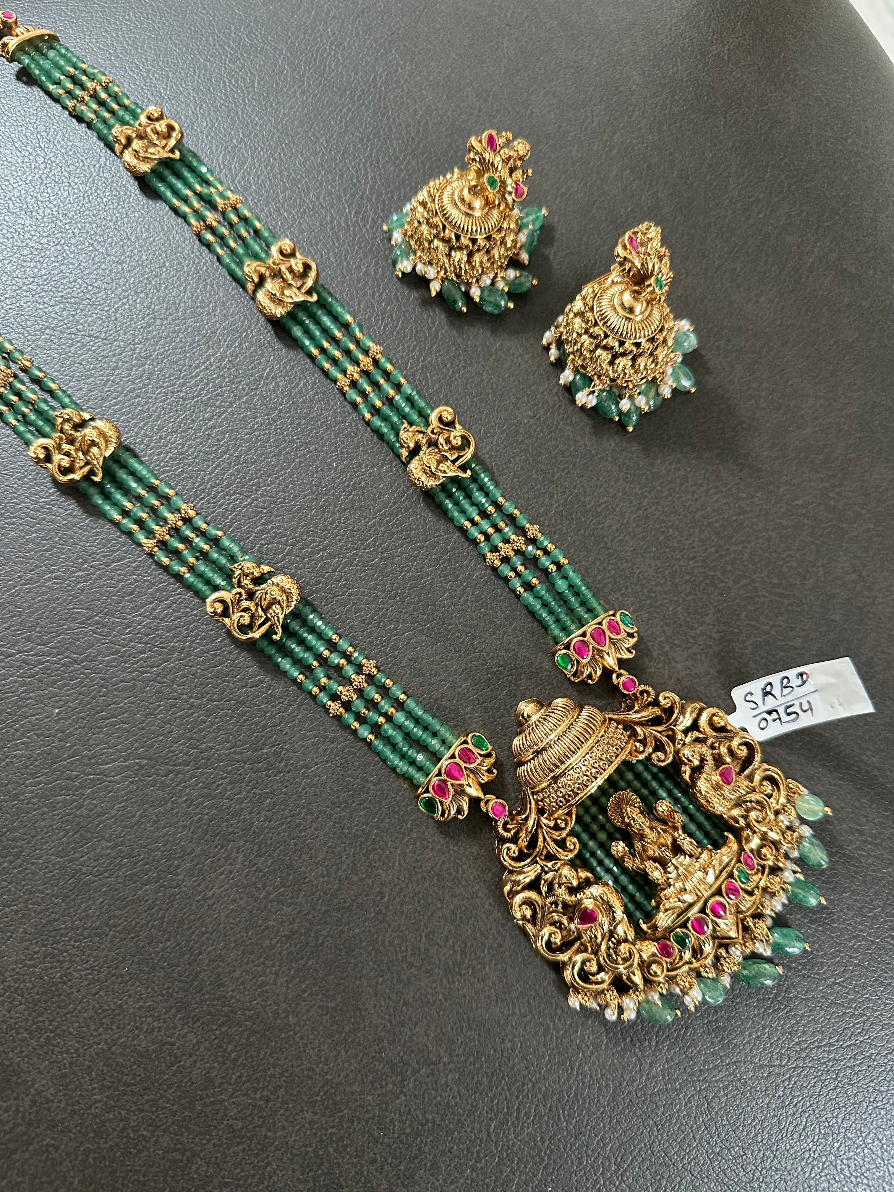 Green crystal Beads Lakshmi Pendant Mala With Earings