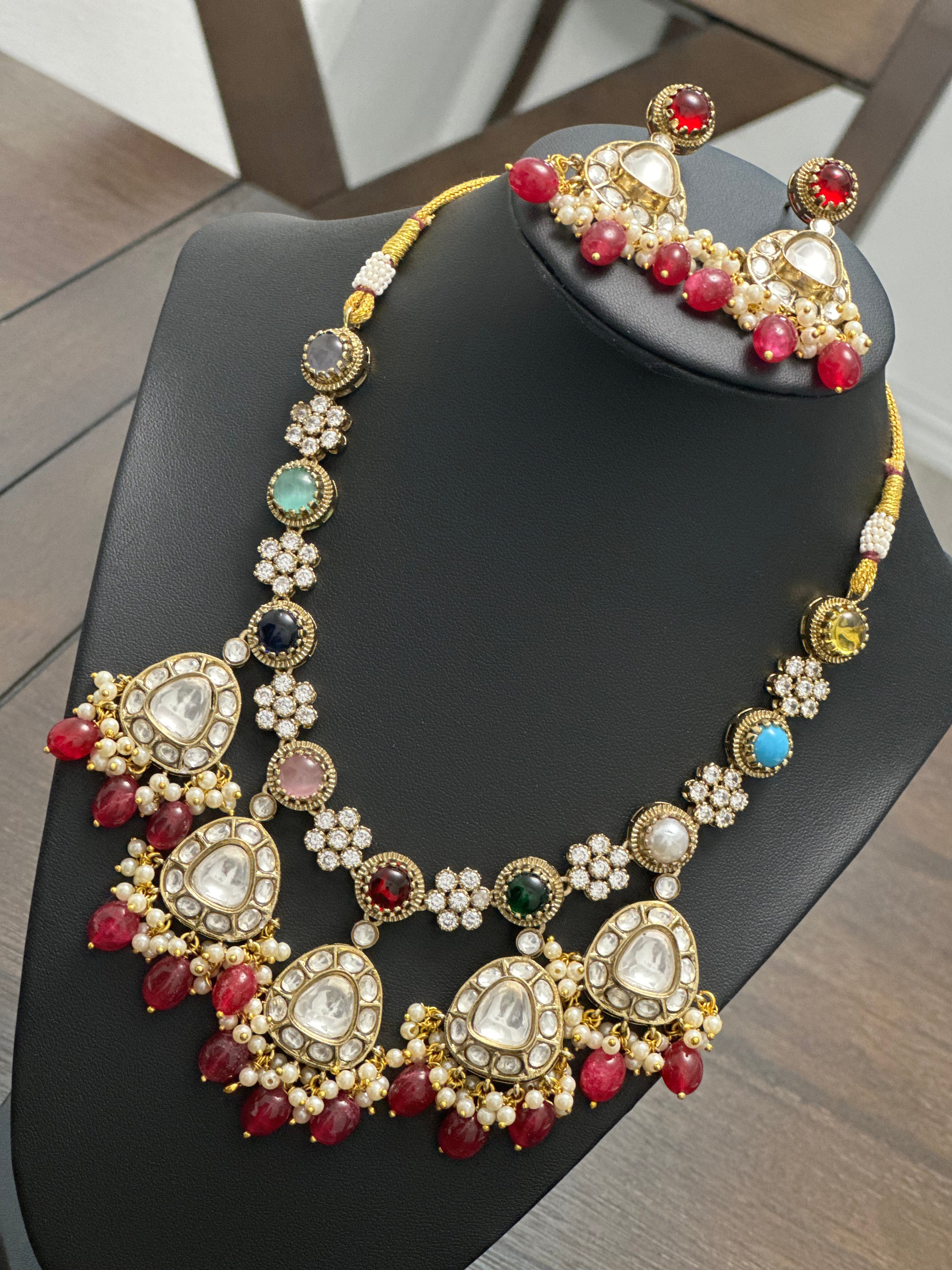 Multicolor Kundan Necklace Set - Pink, Green