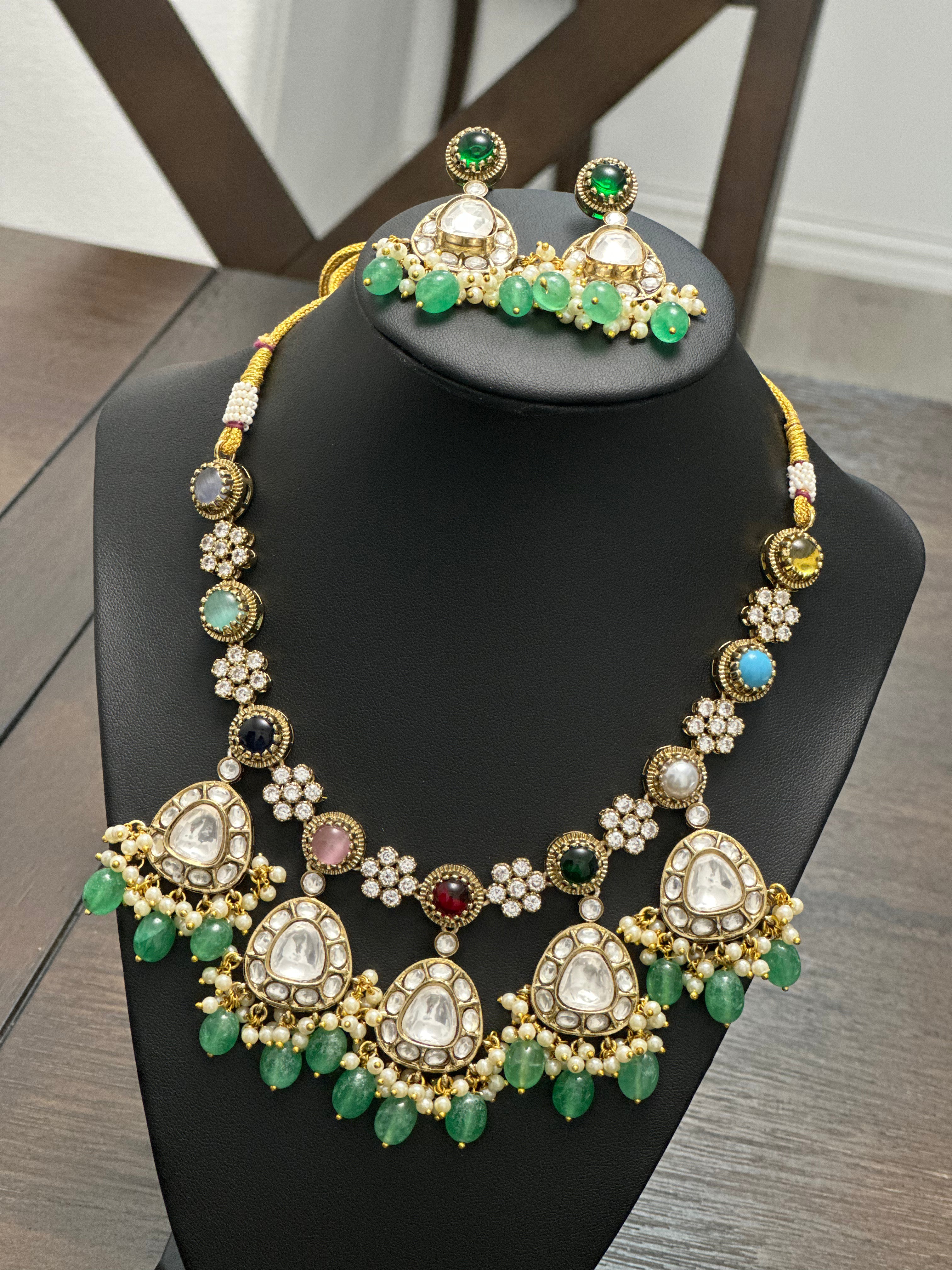 Multicolor Kundan Necklace Set - Pink, Green