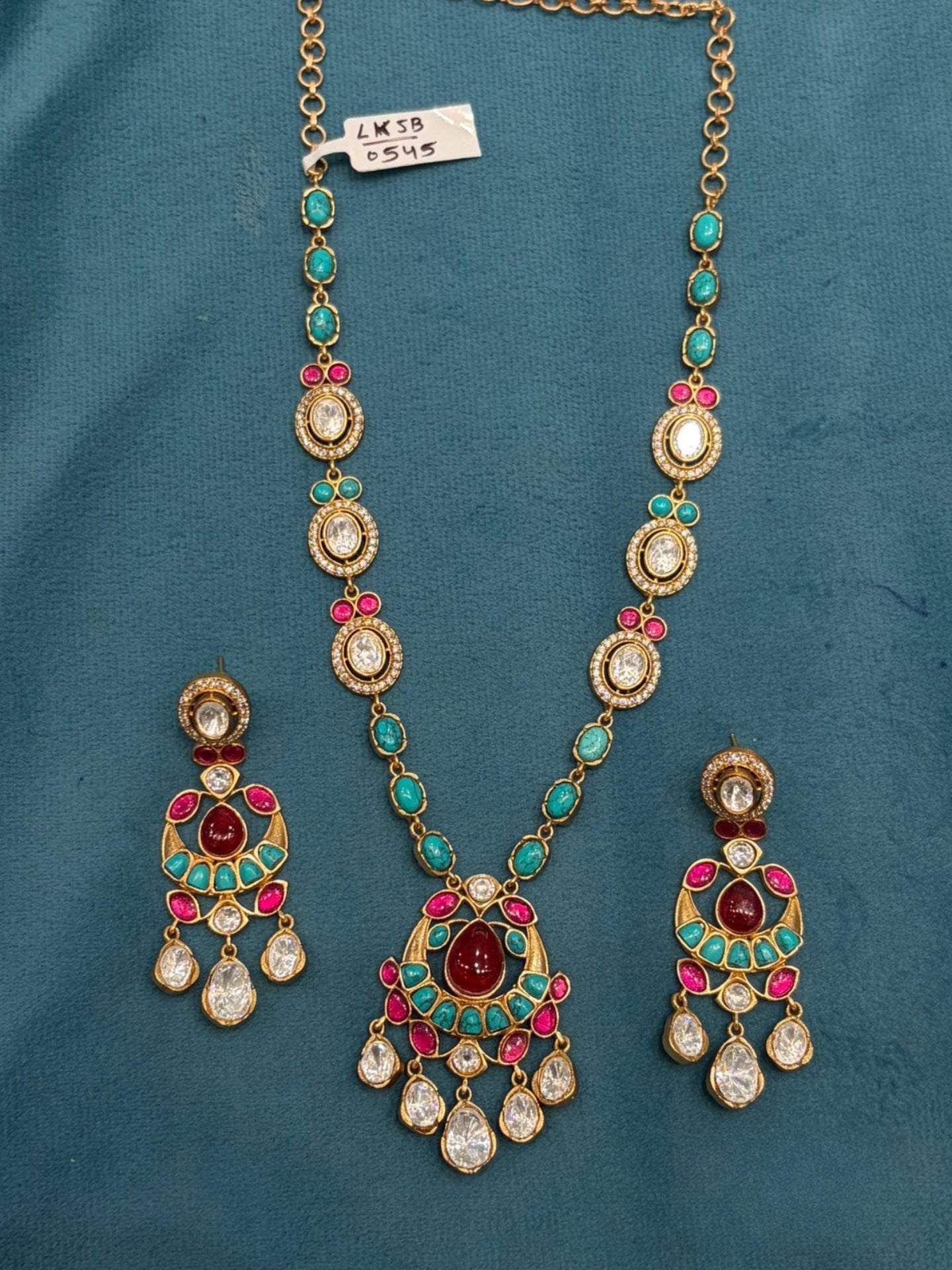 Turquoise Color Mossionite Kundan Set with Earrings