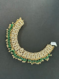 White Jadau Kundan Necklace Set With Green Beads