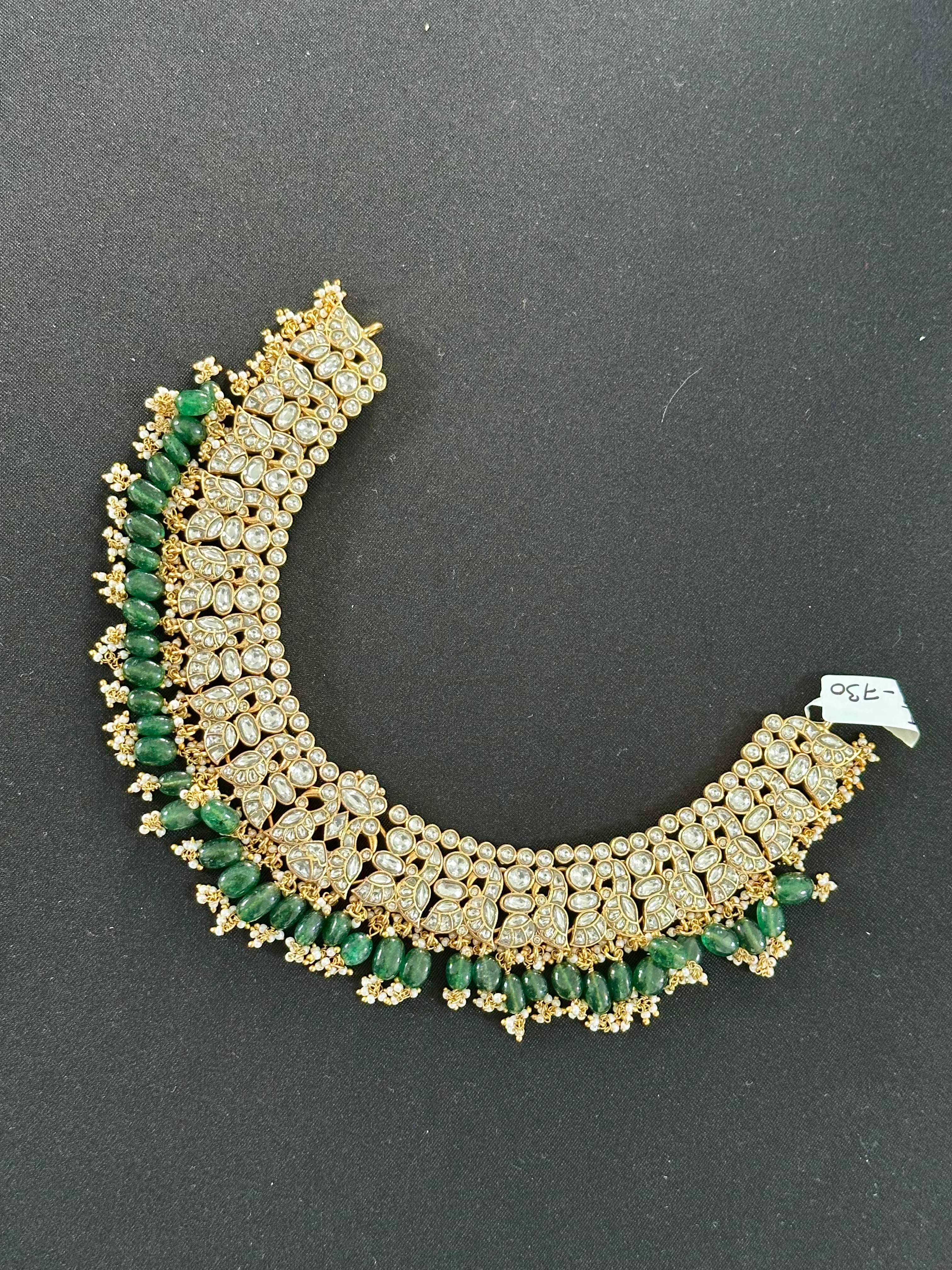 White Jadau Kundan Necklace Set With Green Beads
