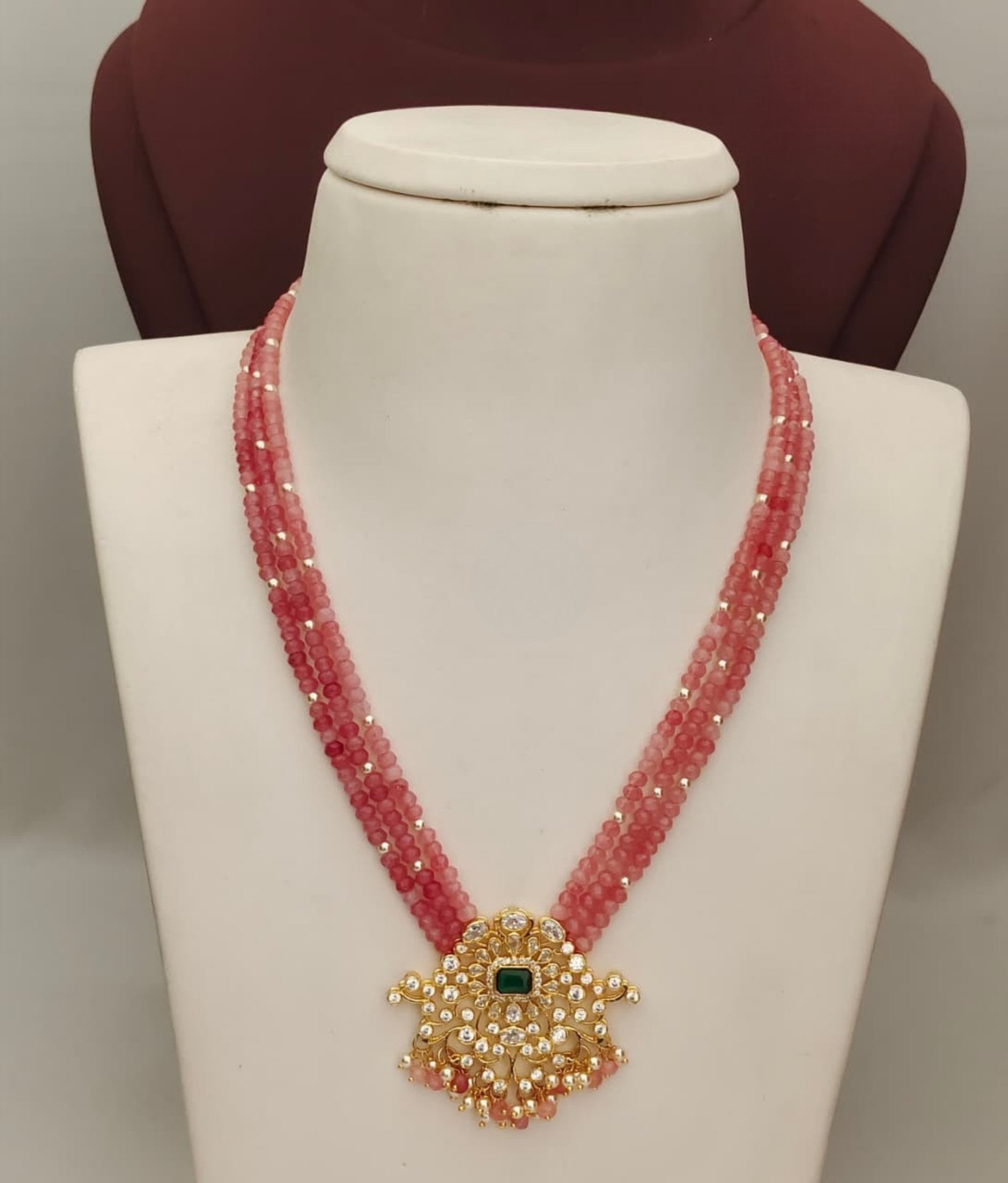Coral Beads With Mossionite Stone Pendant .