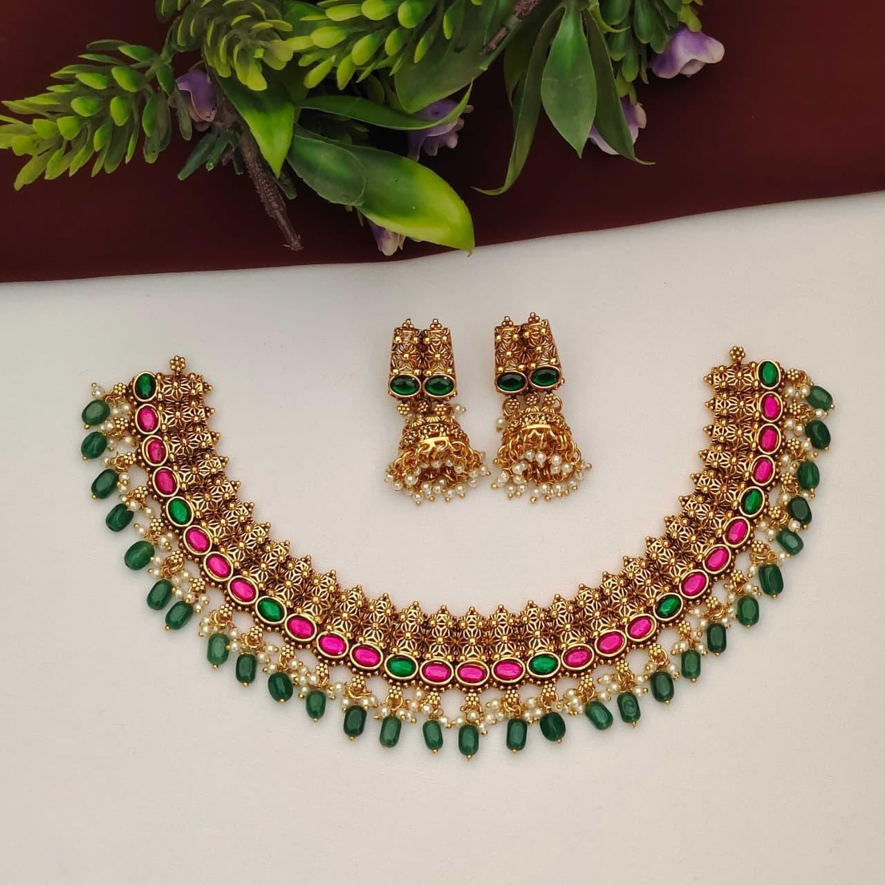 Hasli Design Nakshi Finish Necklace Set With Earrings