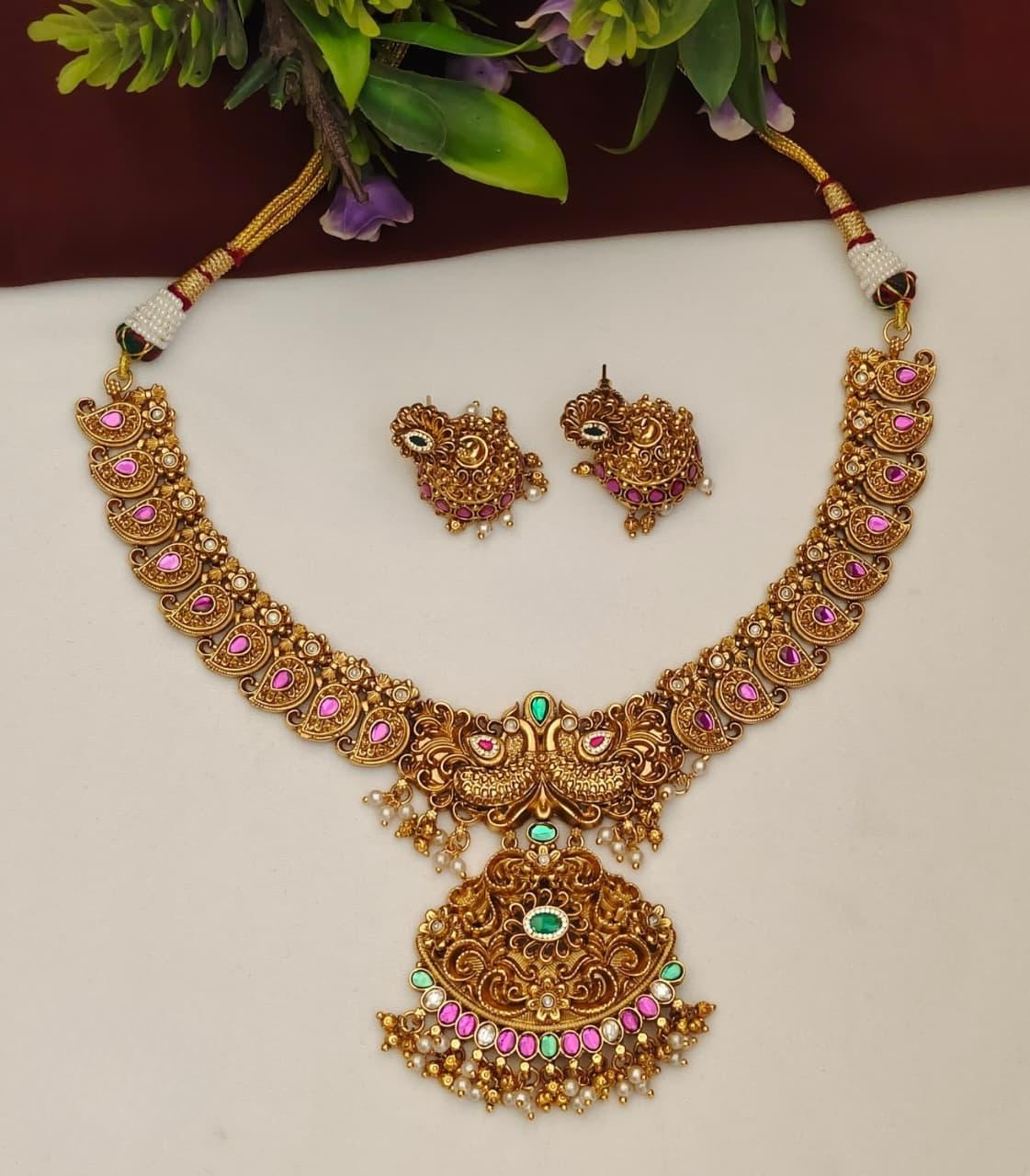 Beautiful Nakshi Finish Necklace Set With Jhumkas