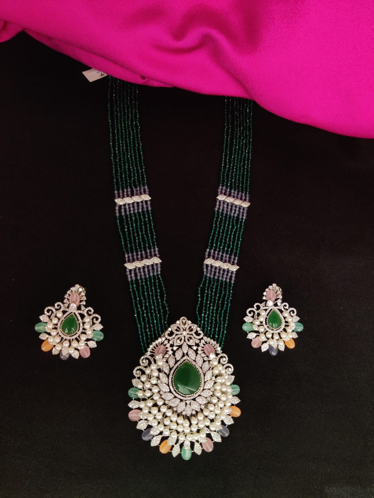 Green crystal beads pendant set -Long