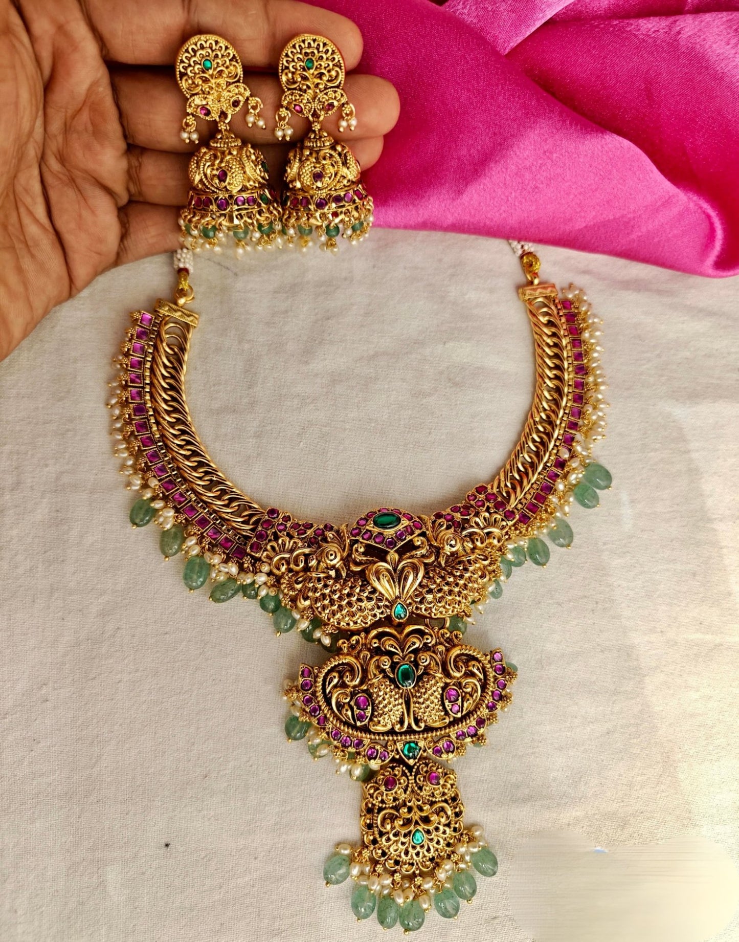 3 in 1 Jalebi Design, Jadau Necklace with Jhumkas