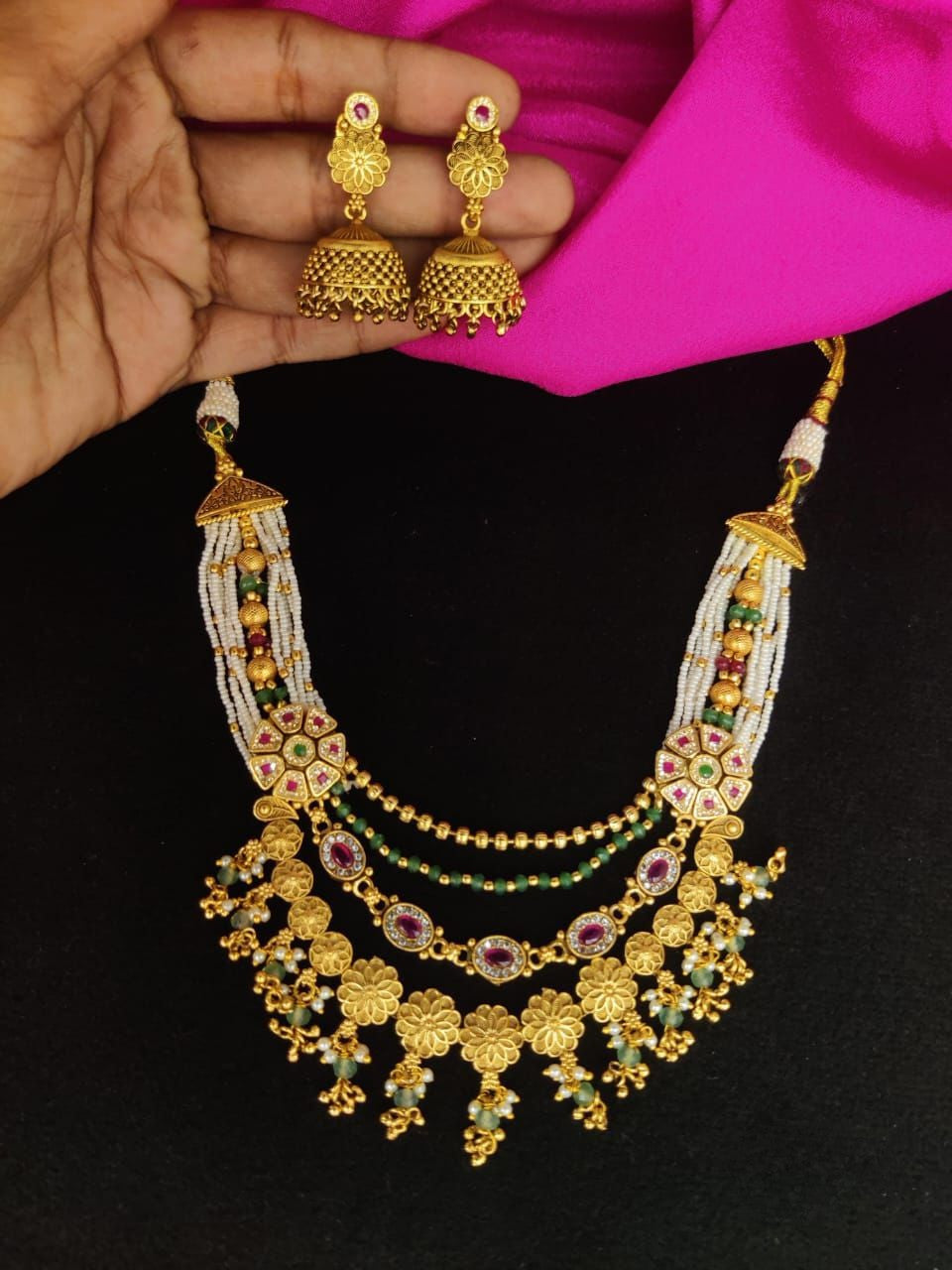 Rajwadi design pearl necklace set with jhumkas