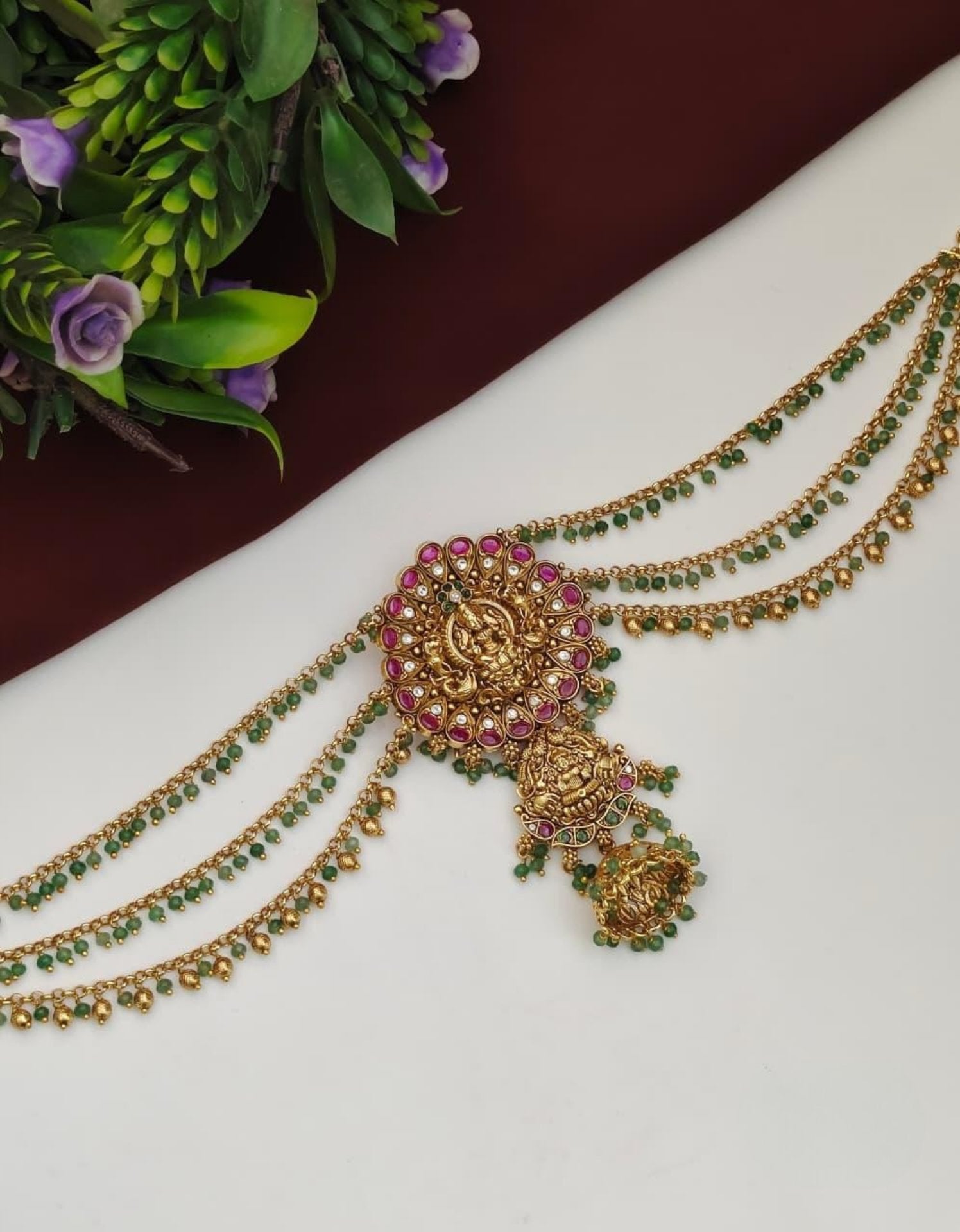 Jada Billa / Hair Accessory  Green Beads With Lakshmi Pendant