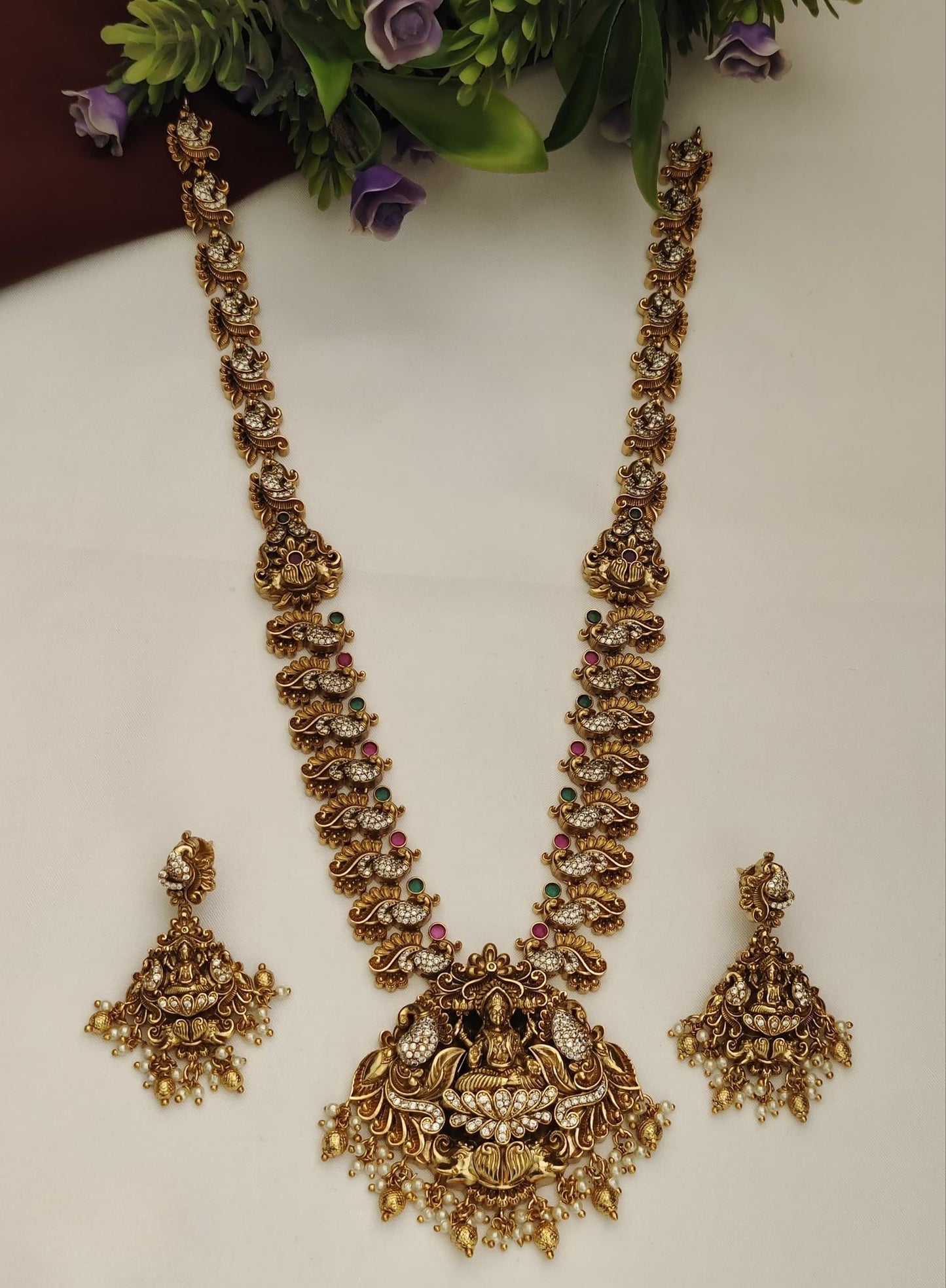 Peacock Design Long Haram With Lakshmi Pendant with Earrings
