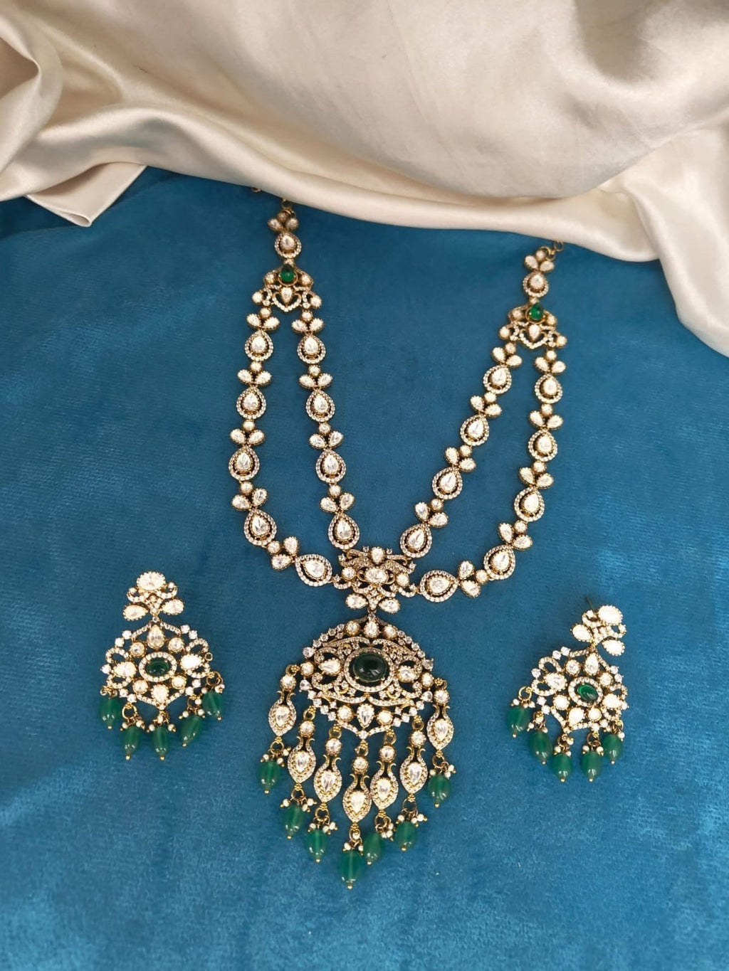 Victorian Finish 2 Layer Mossionite Green Kundan Set With Earrings