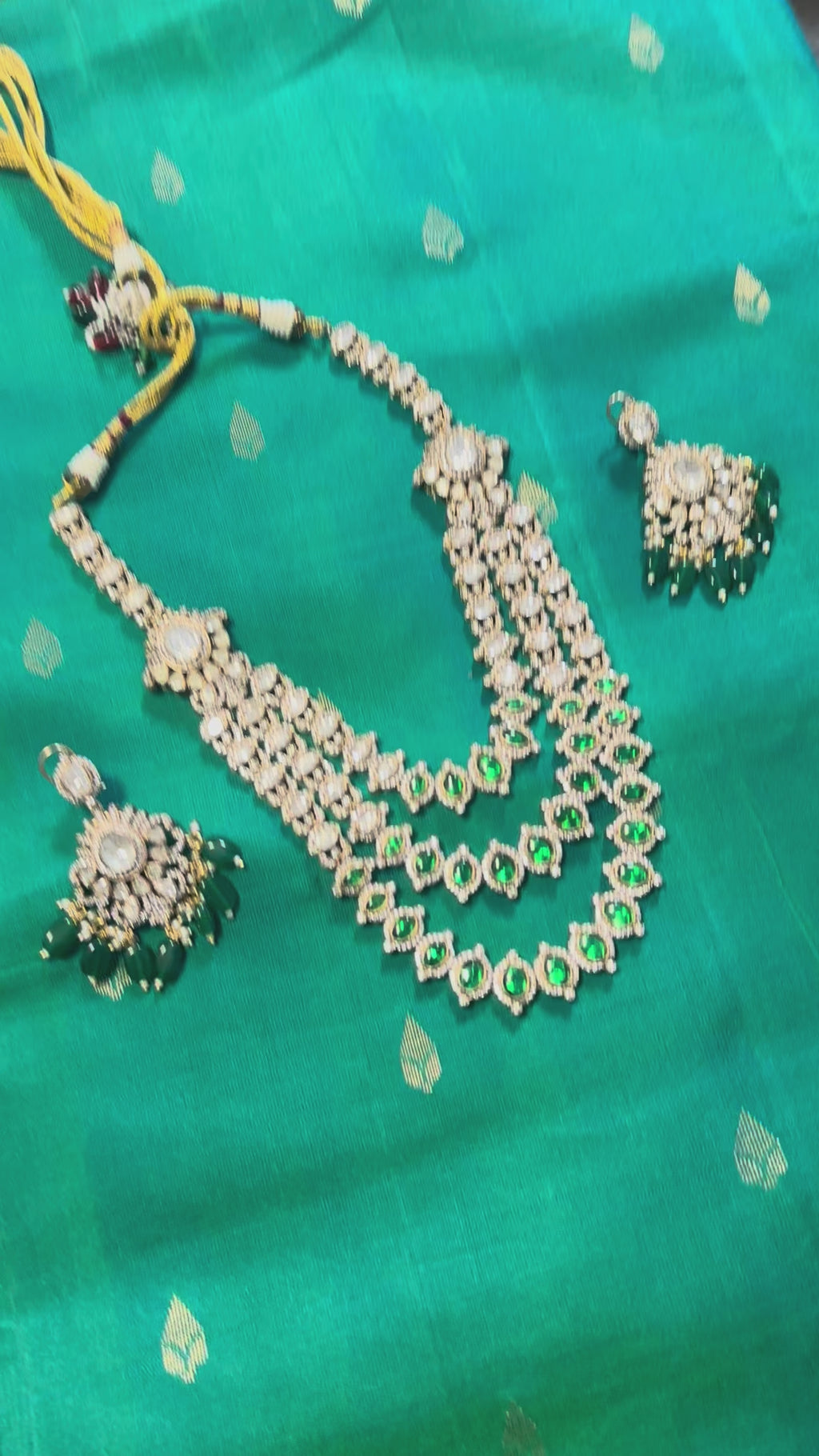 3 Layer Polki Kundan Set in Green with Earrings