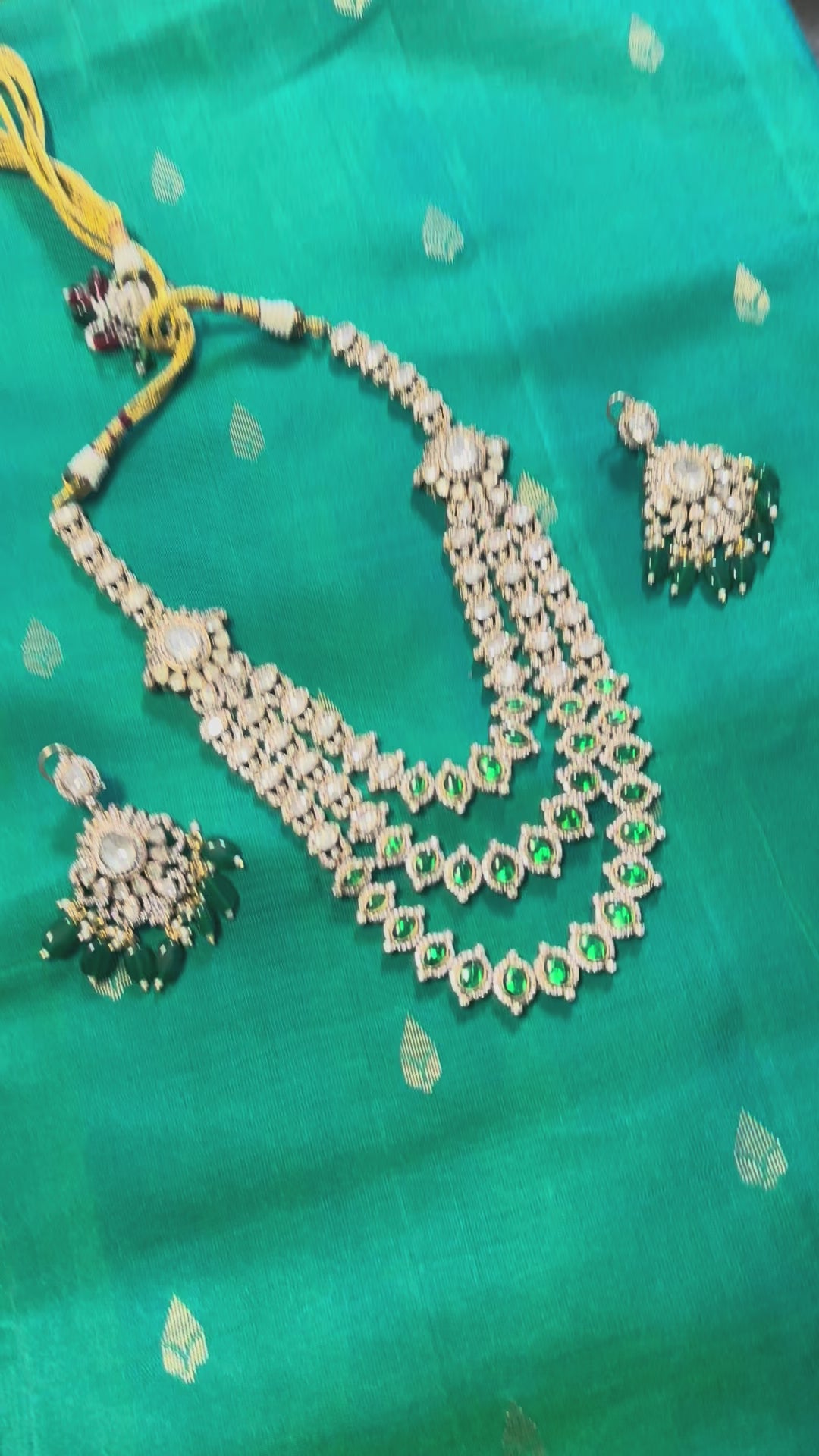 3 Layer Polki Kundan Set in Green with Earrings