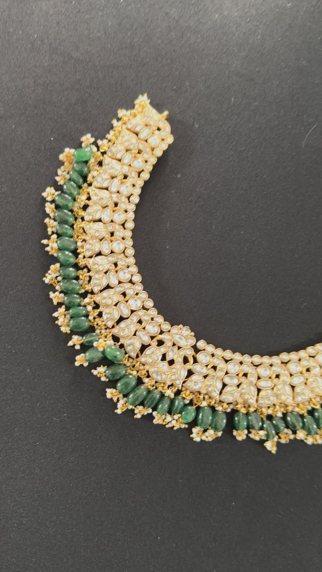 White Jadau Kundan Necklace Set With Green Beads