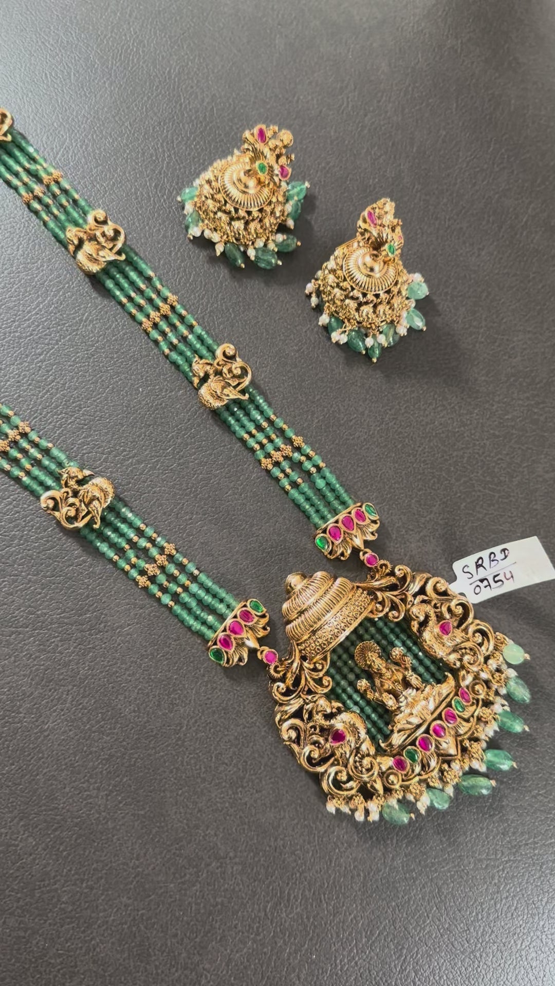 Green crystal Beads Lakshmi Pendant Mala With Earings