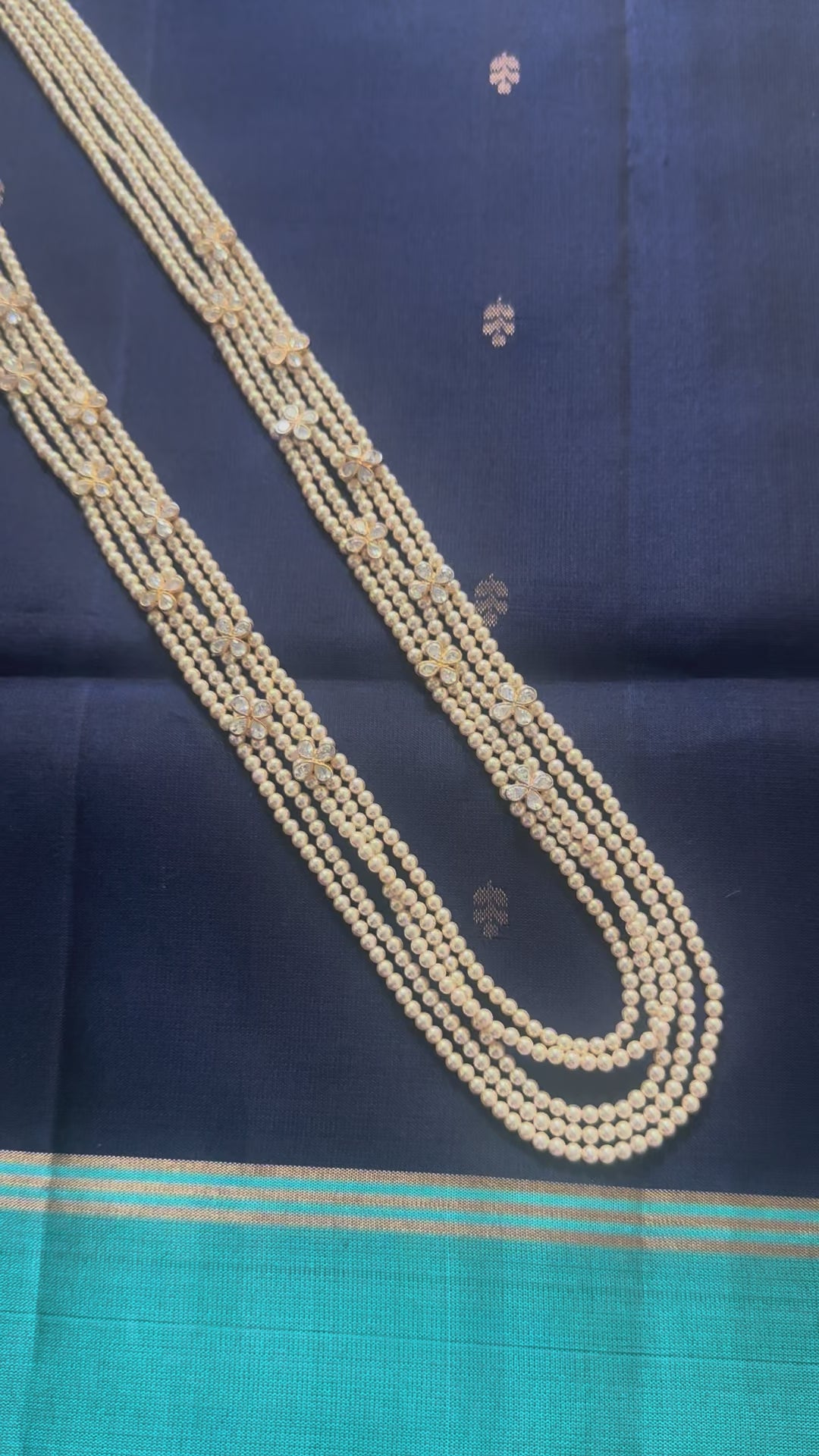 Beautiful 5 Strands Pearl Mala with Polki Stones