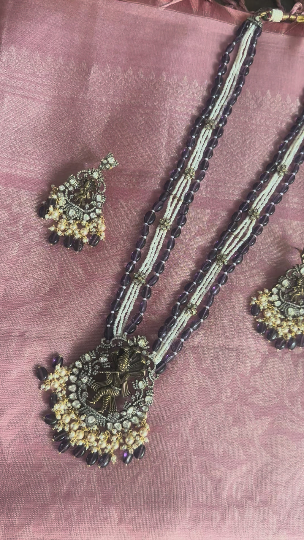 Purple Beads Pearl Set Krishna Pendant with Studs