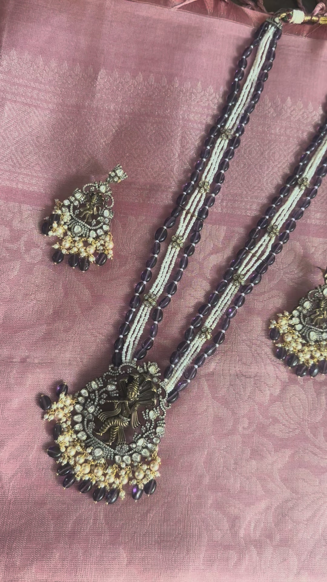 Purple Beads Pearl Set Krishna Pendant with Studs