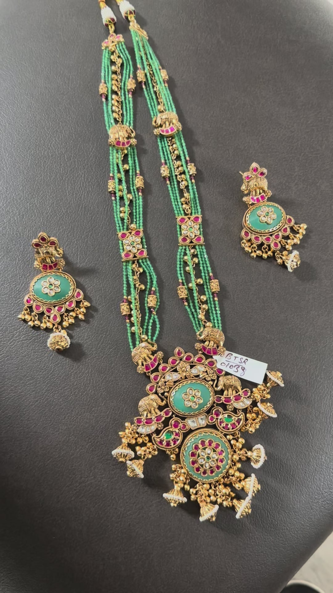 Rajwadi Design Green Beads Long Necklace Set With Earrings